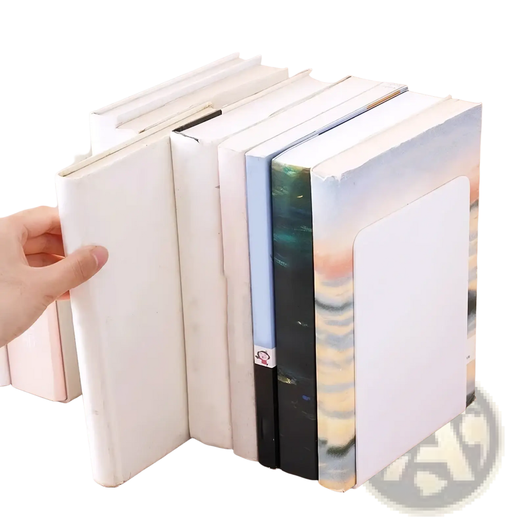 Minimalist white metal l shaped bookend with smooth solid surface holding books upright on desktop