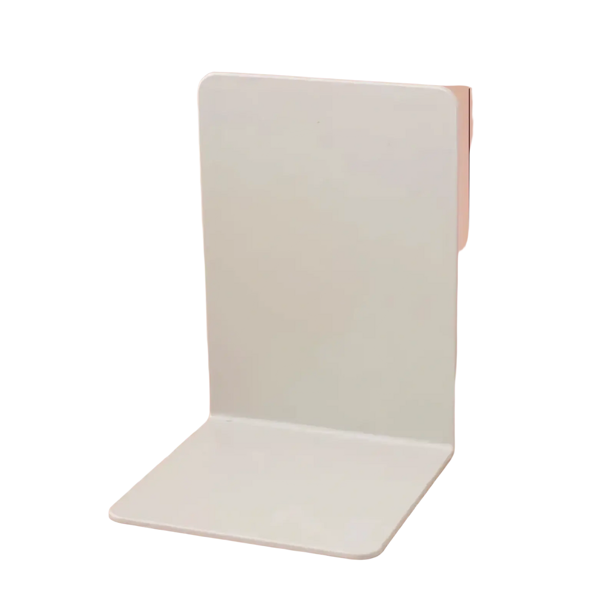 White rectangular wall-mounted minimalist metal l shaped bookend with rounded edges measuring 17cm by 12cm