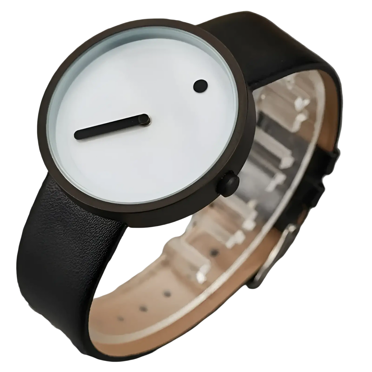 Minimalist quartz leather wrist watch for men with a black leather strap and a white face with two black markers