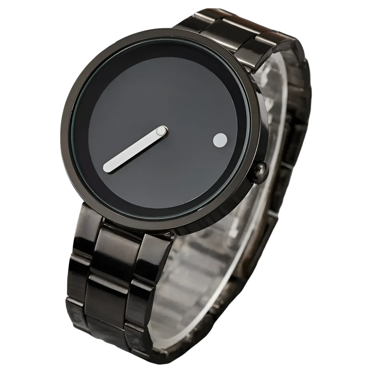 Minimalist quartz leather wrist watch for men with black dial, sleek metallic band, single white hand, and hour marker