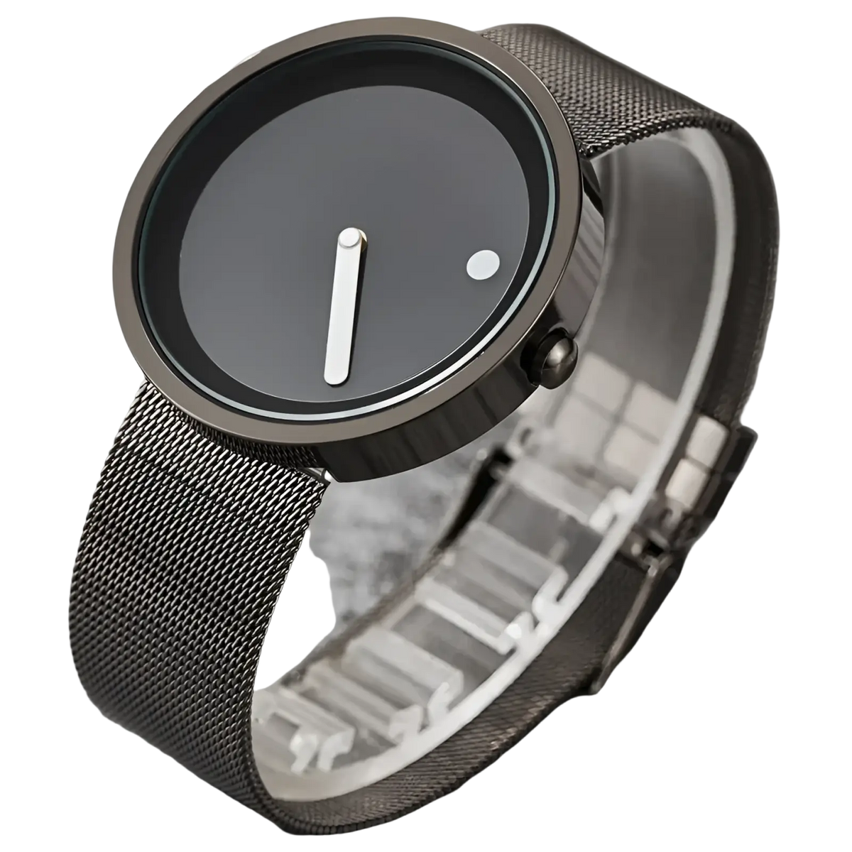 Minimalist quartz leather wrist watch for men with a black dial, sleek mesh band, and simple white hands