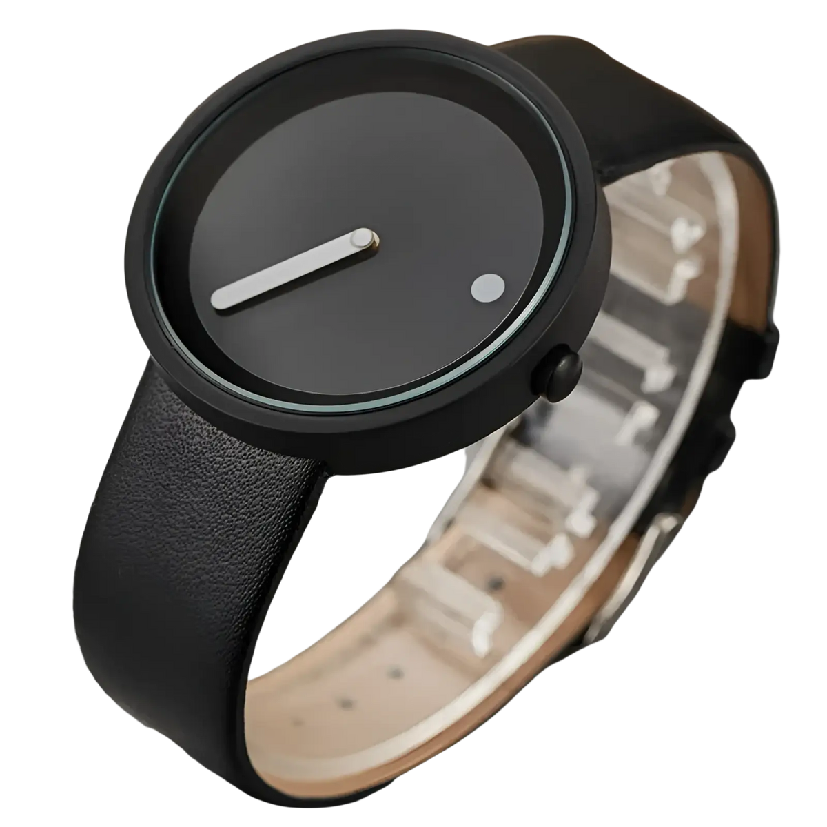 Minimalist quartz leather wrist watch for men with a black circular face featuring a silver hand and textured black strap