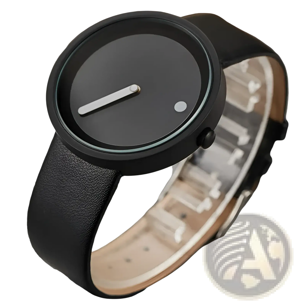 Minimalist quartz leather wrist watch for men with a black circular face featuring a silver hand and textured black strap