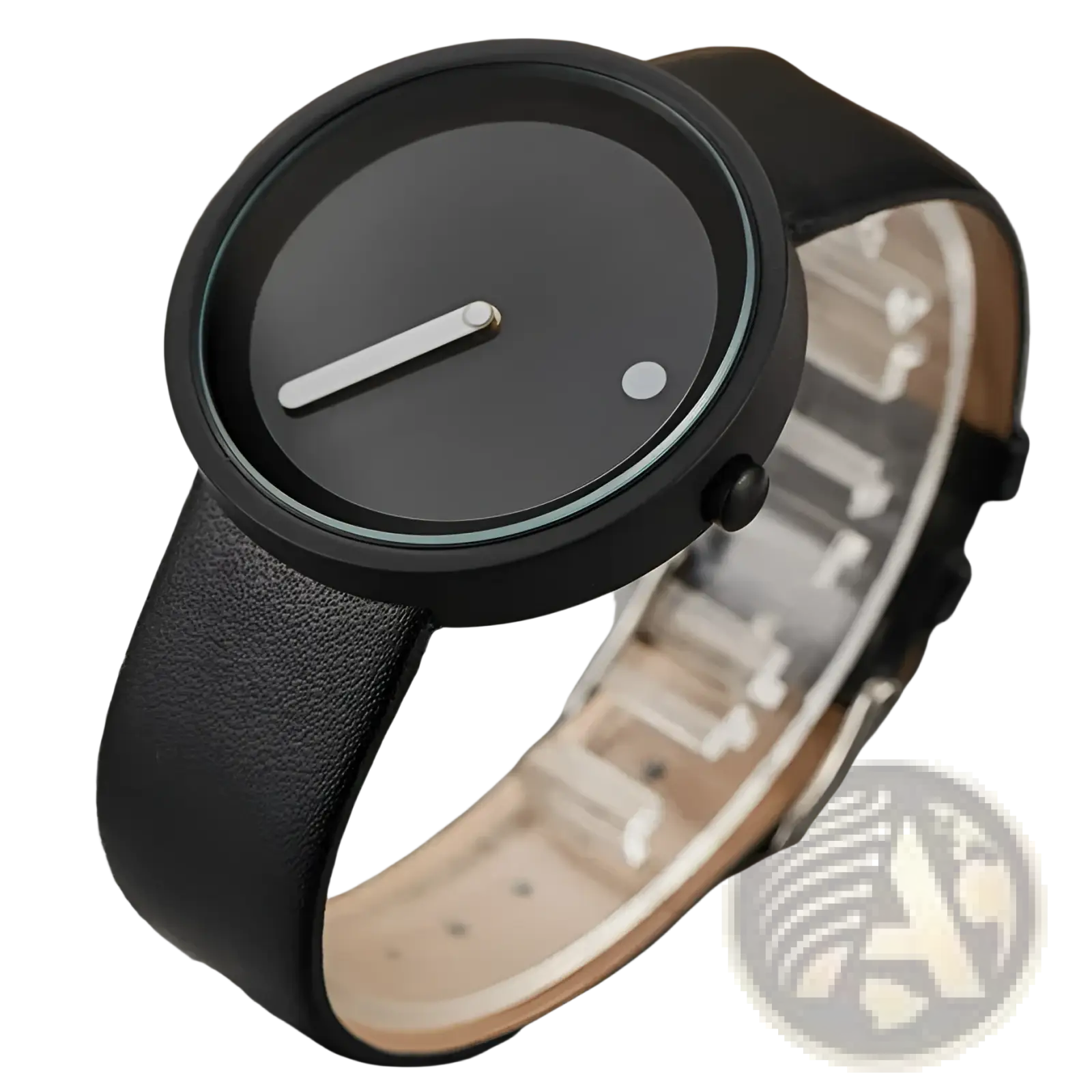 Minimalist quartz leather wrist watch for men with a black circular face featuring a silver hand and textured black strap