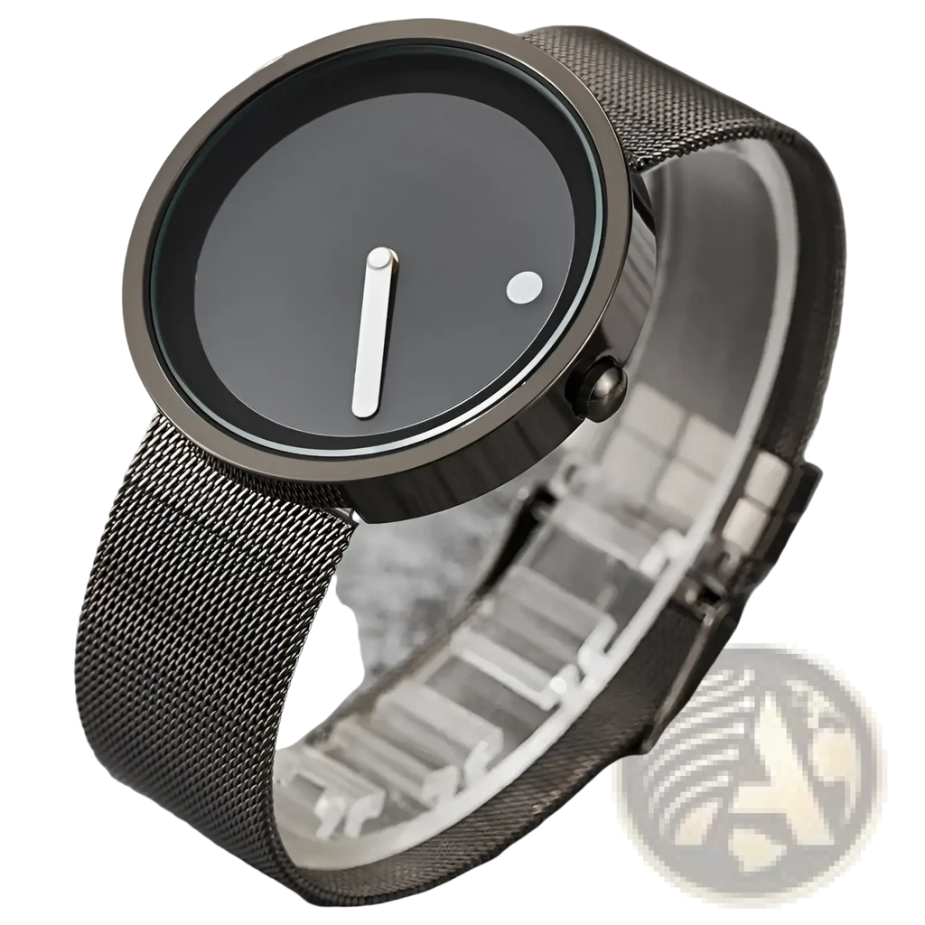 Minimalist quartz leather wrist watch for men with a black dial, sleek mesh band, and simple white hands