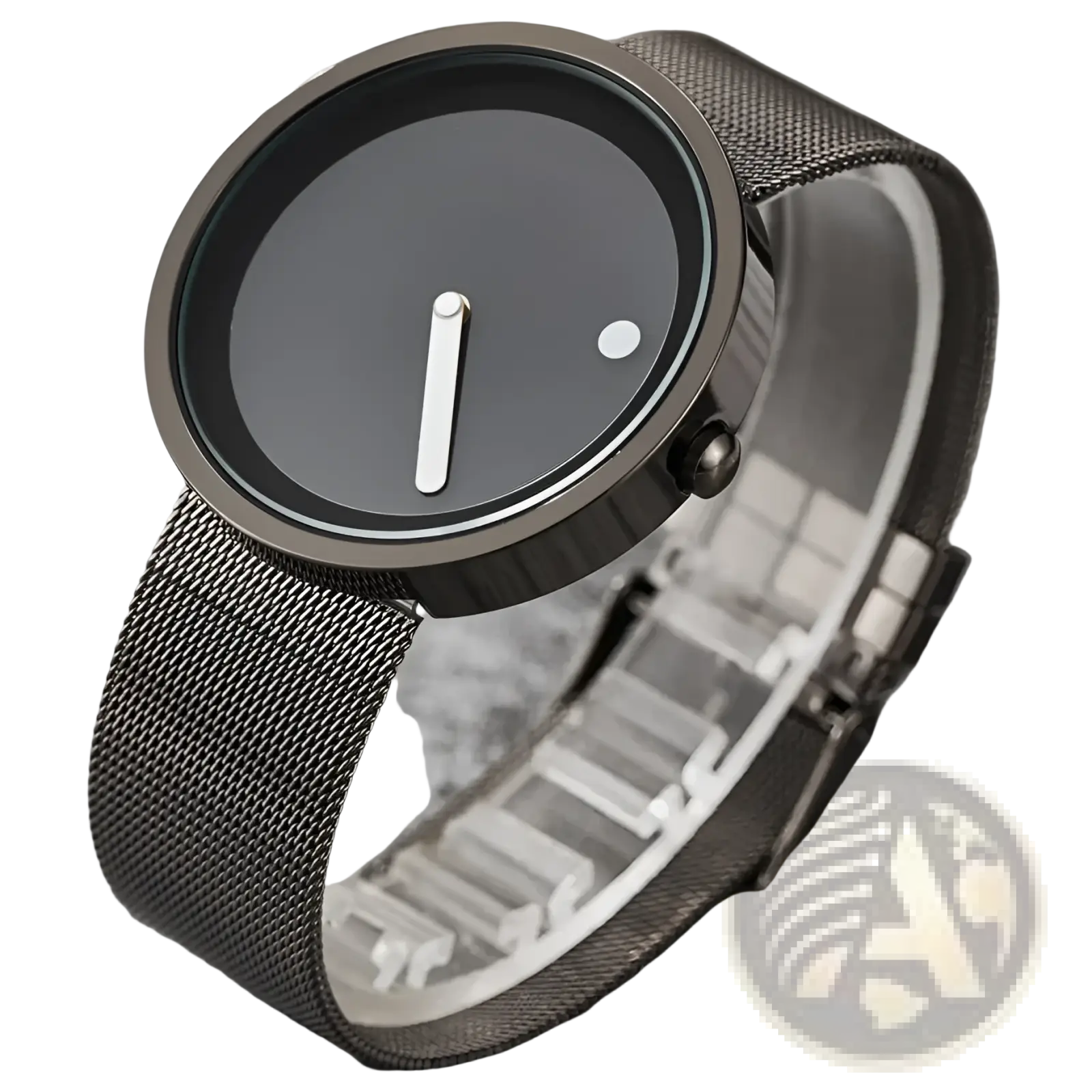 Minimalist quartz leather wrist watch for men with a black dial, sleek mesh band, and simple white hands