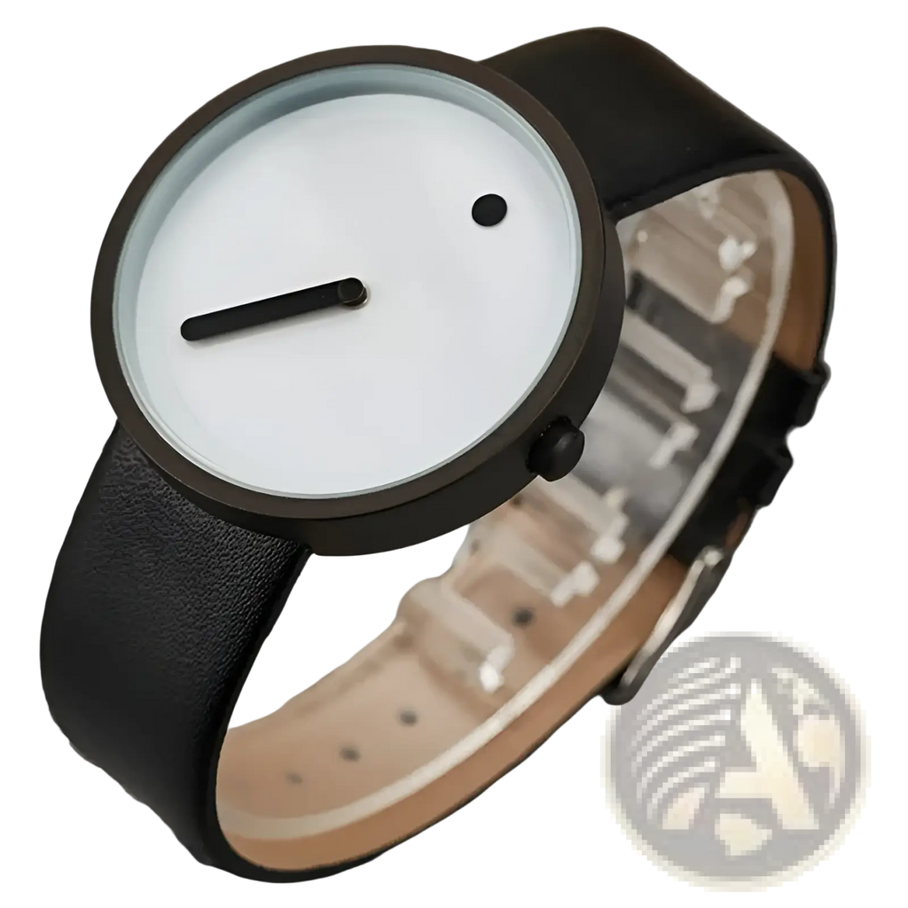 Minimalist quartz leather wrist watch for men with black leather strap white face and two black markers