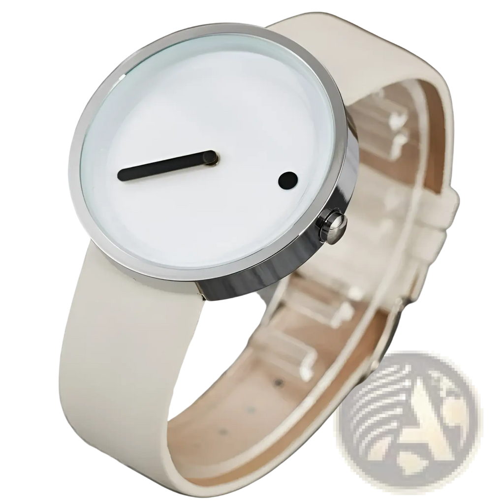 Minimalist quartz leather wrist watch for men with a white abstract face, silver case, and cream leather strap
