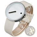 Minimalist quartz leather wrist watch for men with a white abstract face, silver case, and cream leather strap