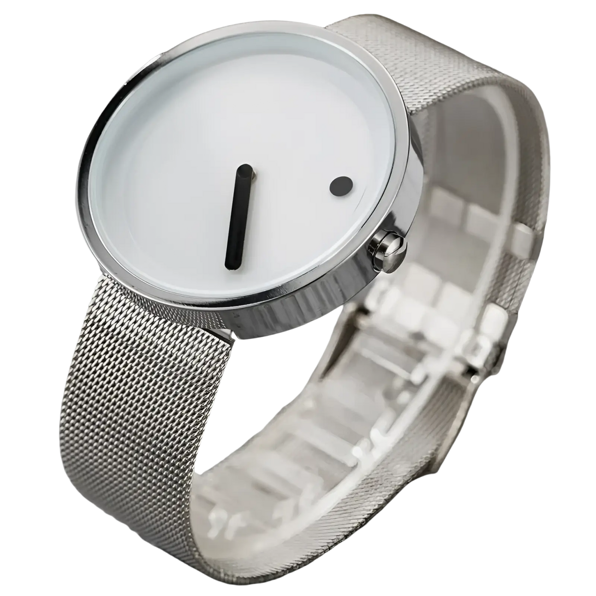 Minimalist quartz leather wrist watch for men with silver mesh band, white face, black hour hand, and dot minute indicator