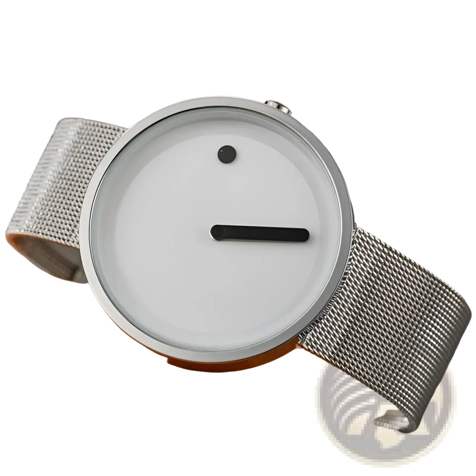 Minimalist quartz wrist watch for men with a silver mesh band white face and simple black hour markers