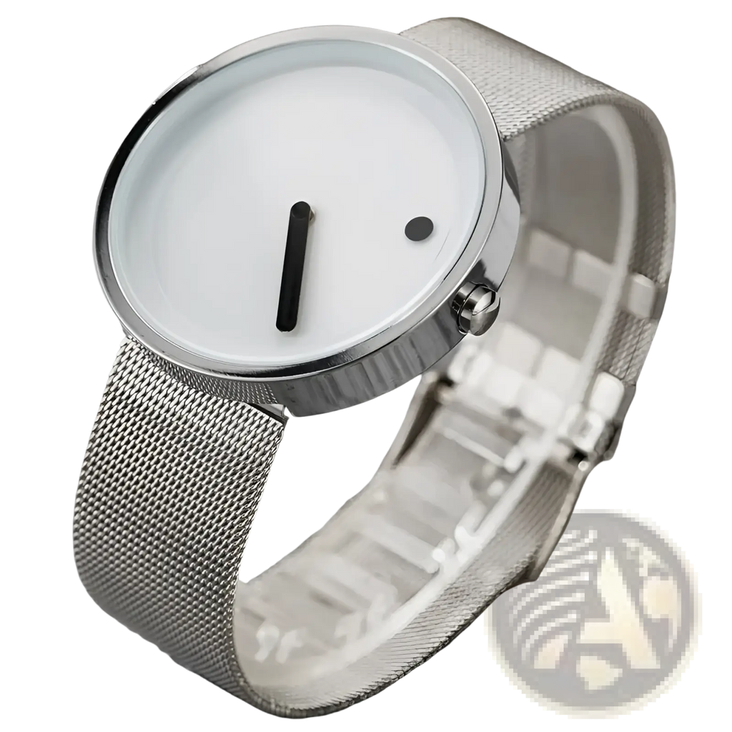 Minimalist quartz leather wrist watch for men with silver mesh band, white face, black hour hand, and dot minute indicator