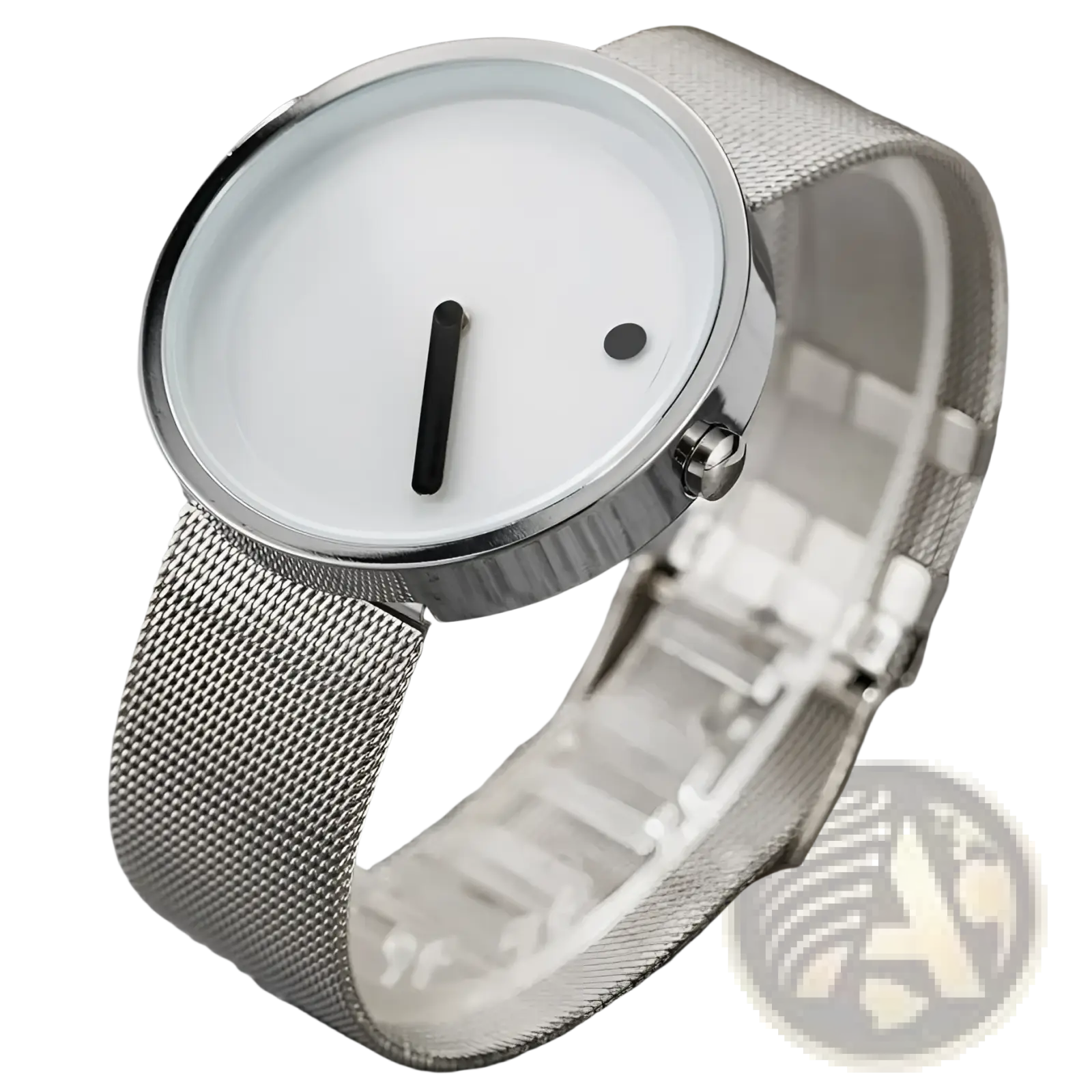 Minimalist quartz leather wrist watch for men with silver mesh band, white face, black hour hand, and dot minute indicator