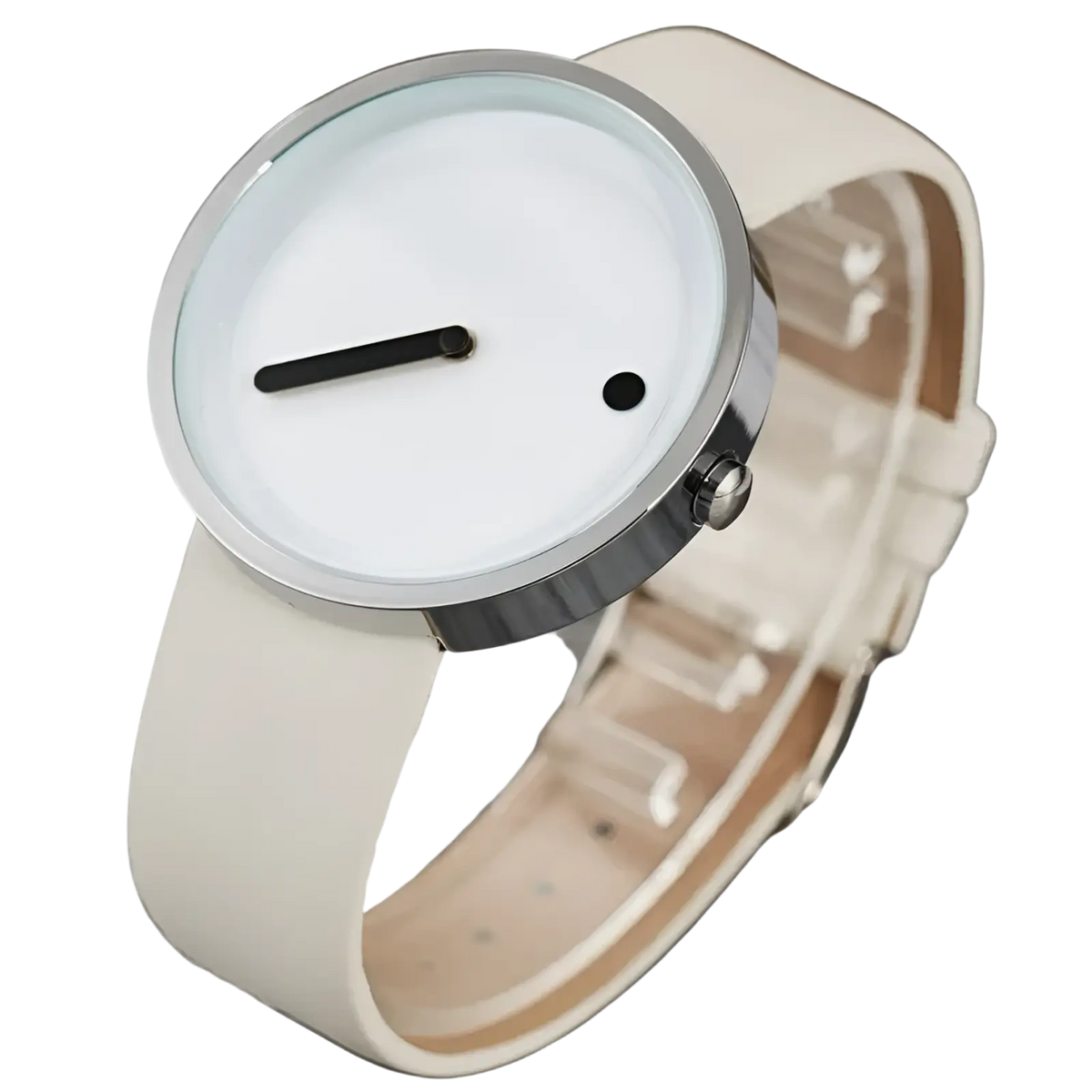Minimalist quartz leather wrist watch for men with white abstract face, sleek silver case, and cream leather strap