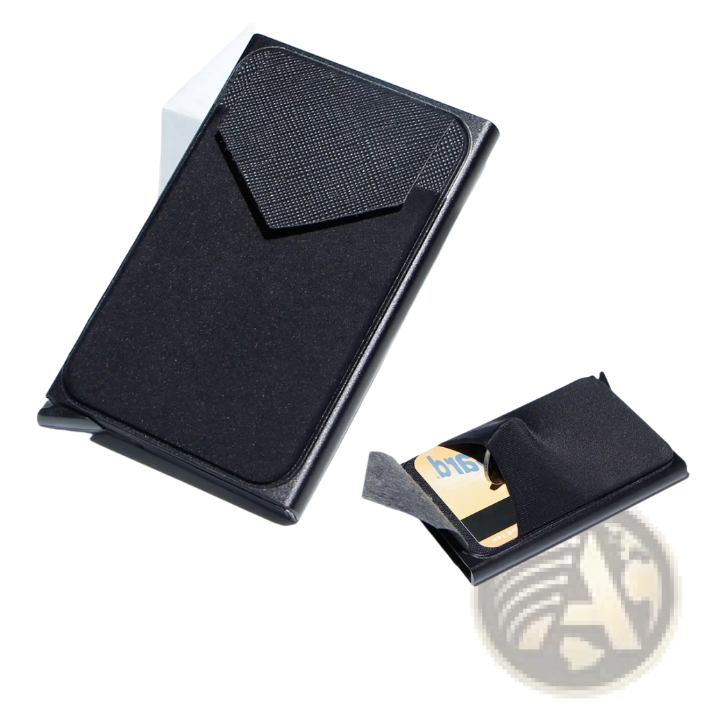 Black metallic minimalist rfid blocking aluminum multi card wallet with textured fabric interior and sleek design