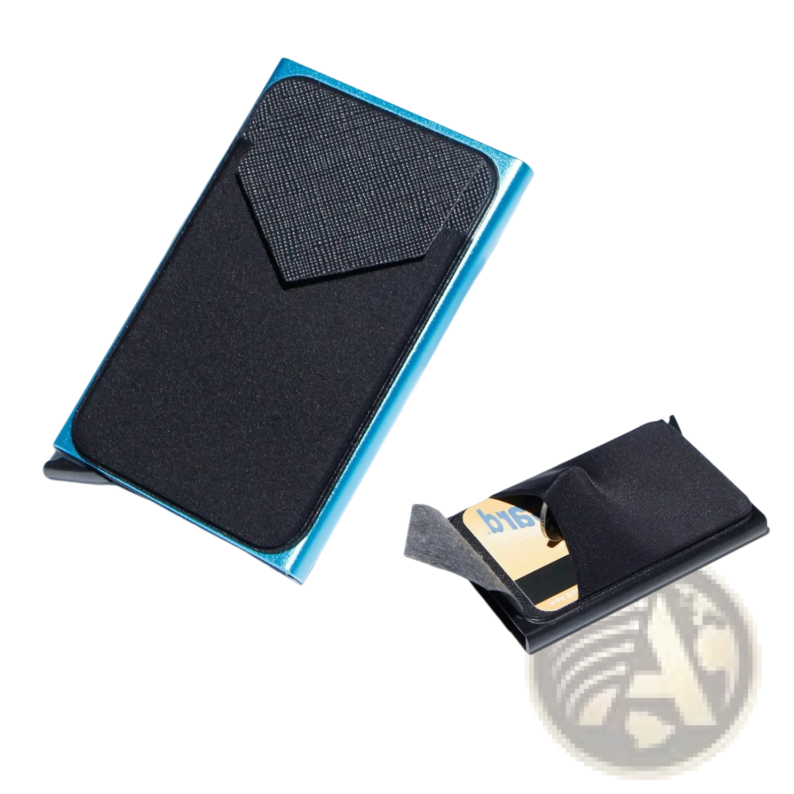 Blue metallic minimalist rfid blocking aluminum multi card wallet with black textured interior and card slot