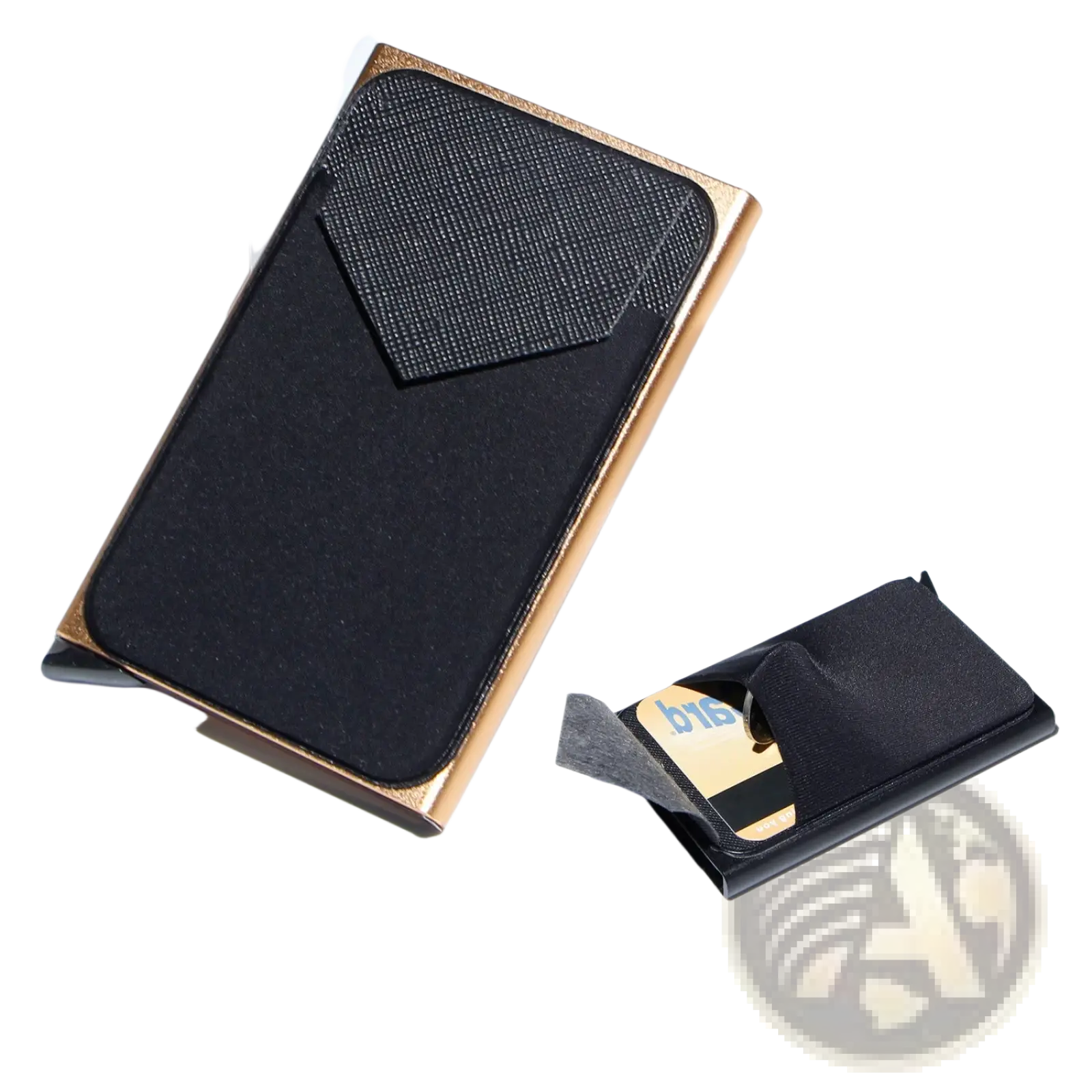 Minimalist RFID blocking aluminum multi card wallet in black and gold with textured black interior lining