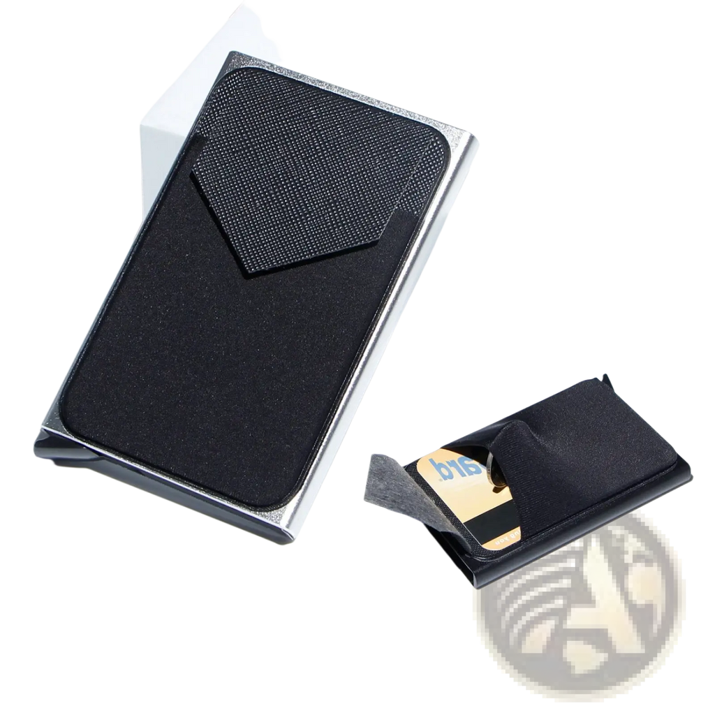 Silver-framed minimalist rfid blocking aluminum multi card wallet with black textured interior and modern design