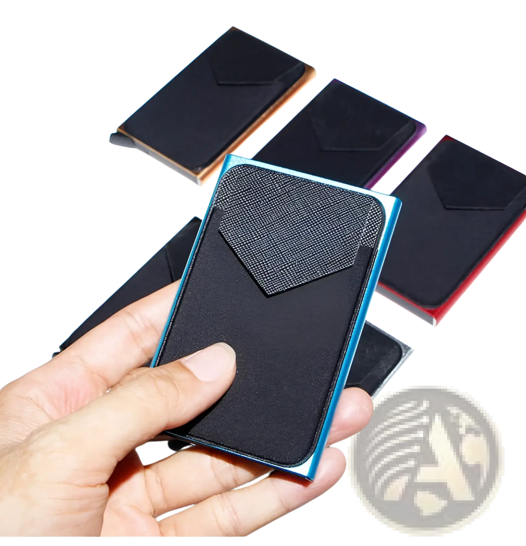 Black textured card holder with a sleek blue metallic frame minimalist rfid blocking aluminum multi card wallet
