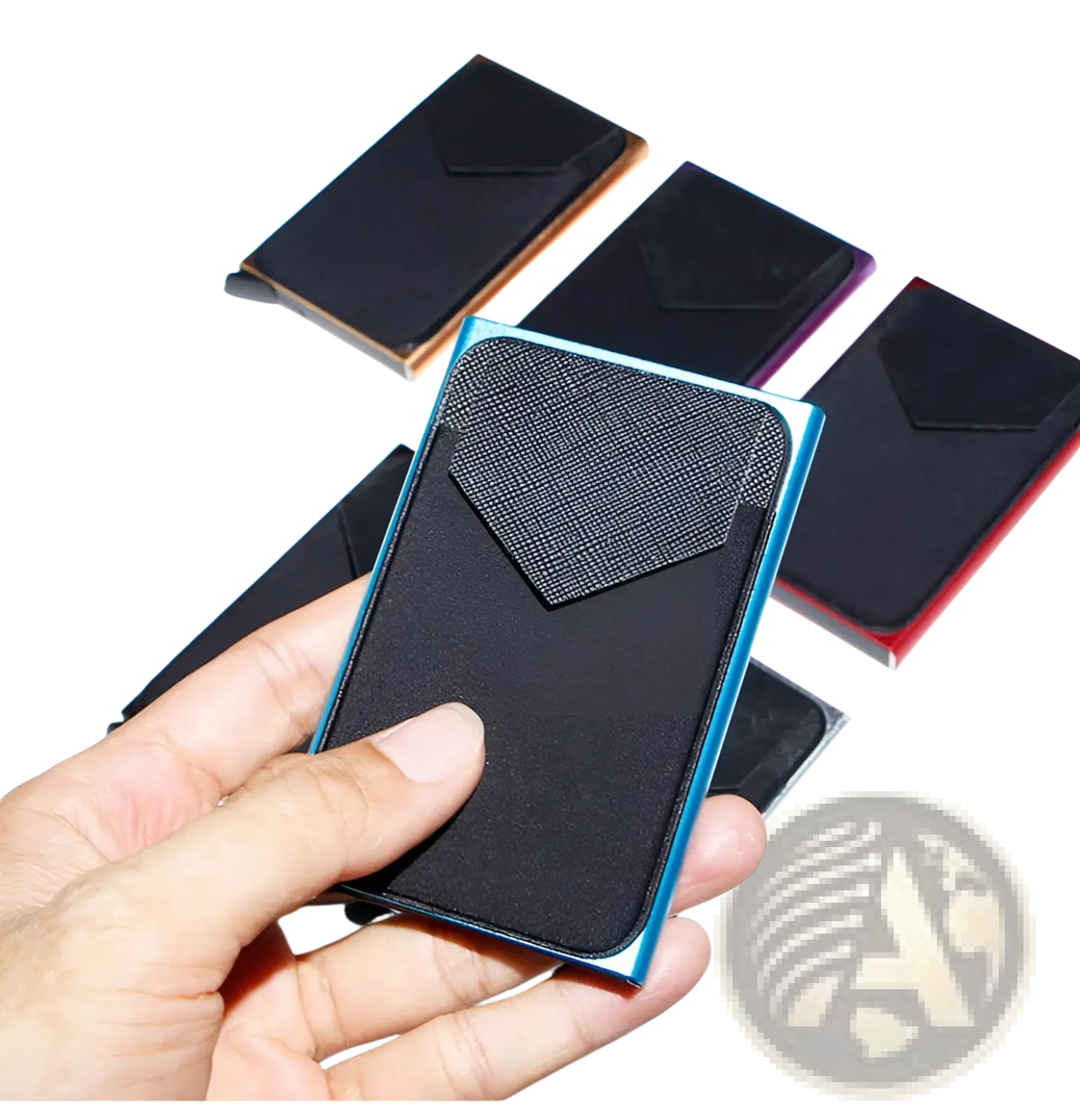 Black textured card holder with a sleek blue metallic frame minimalist rfid blocking aluminum multi card wallet
