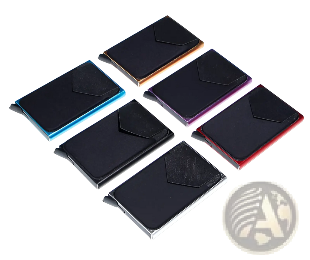 Six minimalist rfid blocking aluminum card holders with black interiors and colorful edges in blue gold purple red silver and black