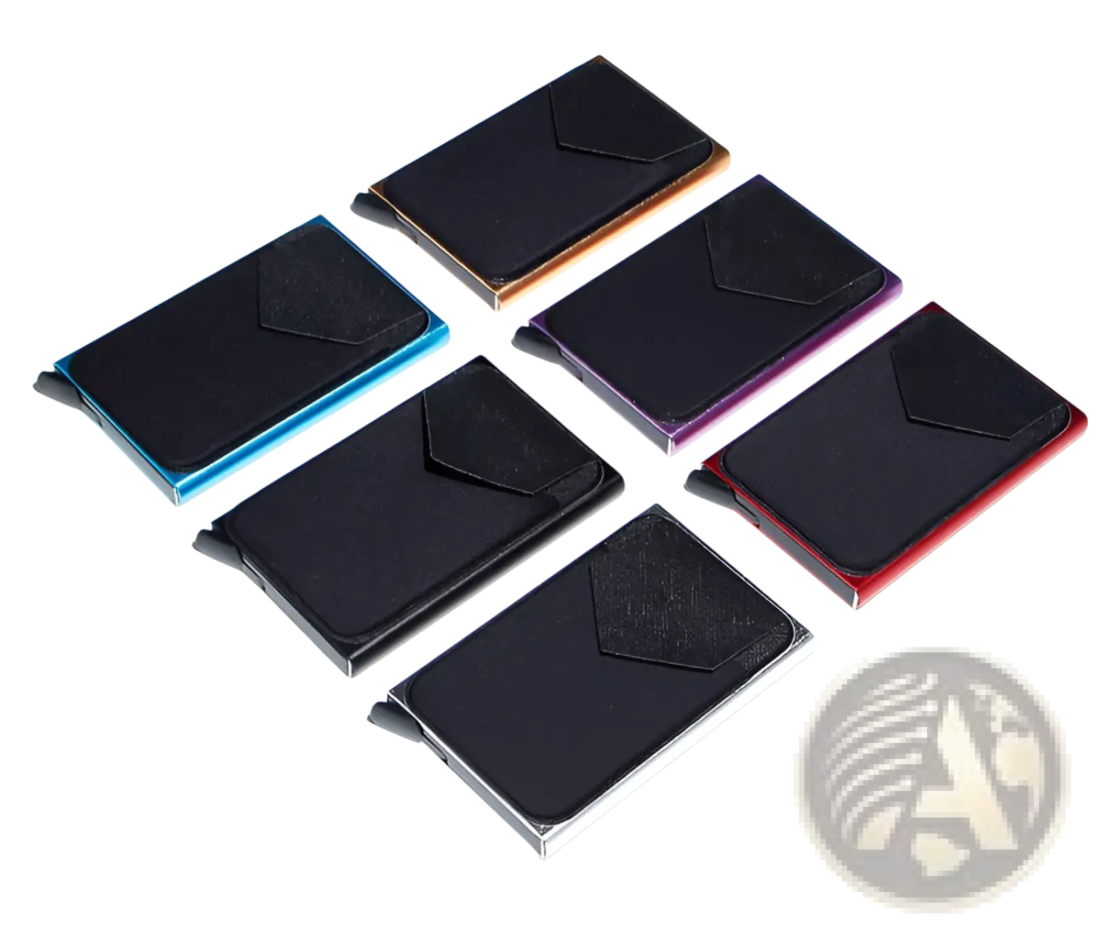 Six minimalist rfid blocking aluminum card holders with black interiors and colorful edges in blue gold purple red silver and black