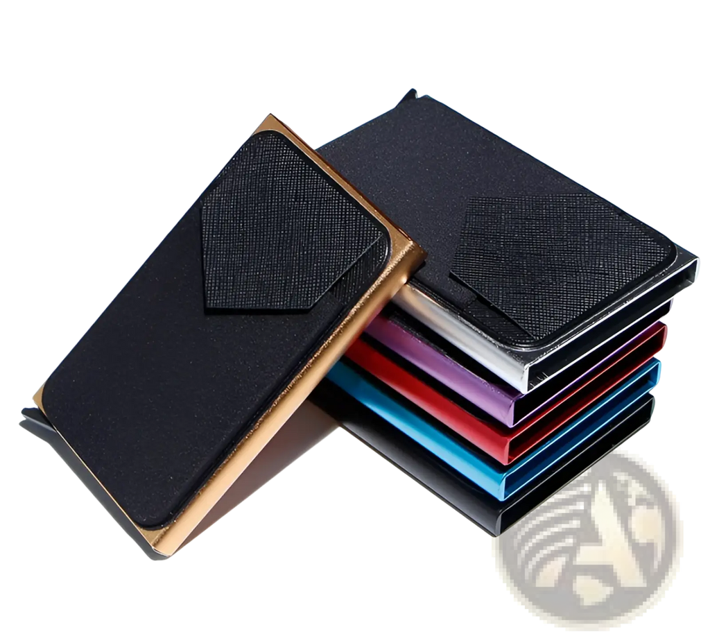 Black textured minimalist rfid blocking aluminum multi card wallet with gold-tone metallic edges and matching flap