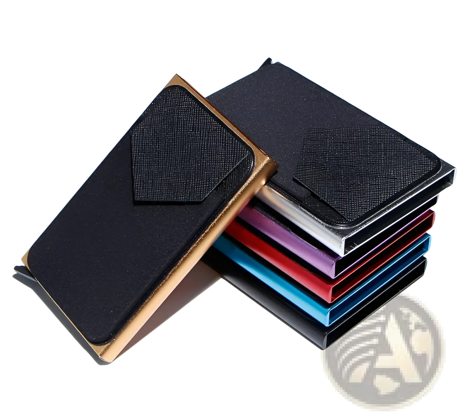 Black textured minimalist rfid blocking aluminum multi card wallet with gold-tone metallic edges and matching flap