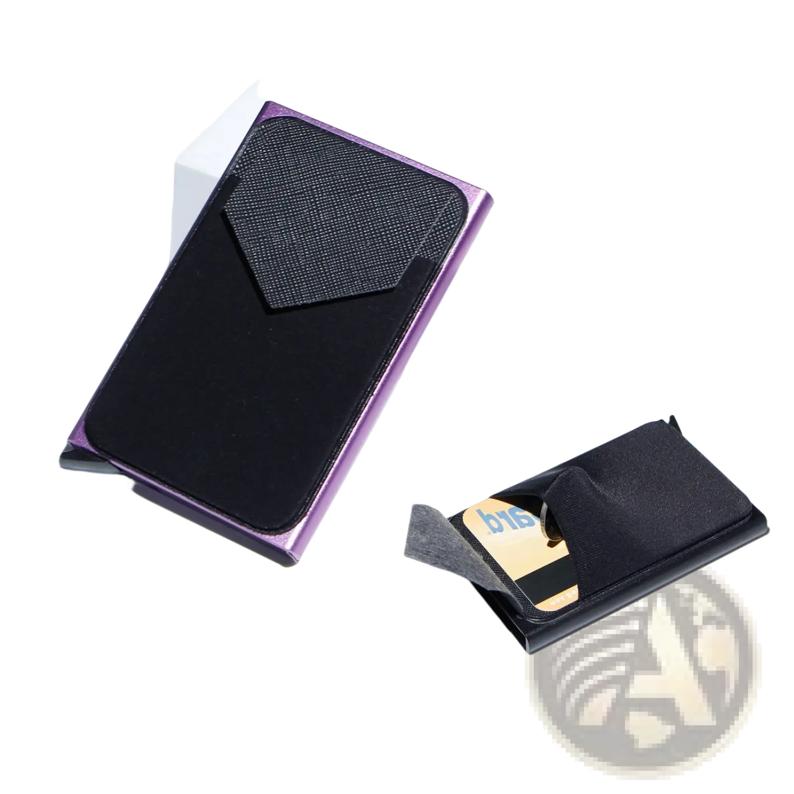 Minimalist RFID blocking aluminum multi card wallet in purple and black with metallic body and textured fabric flap