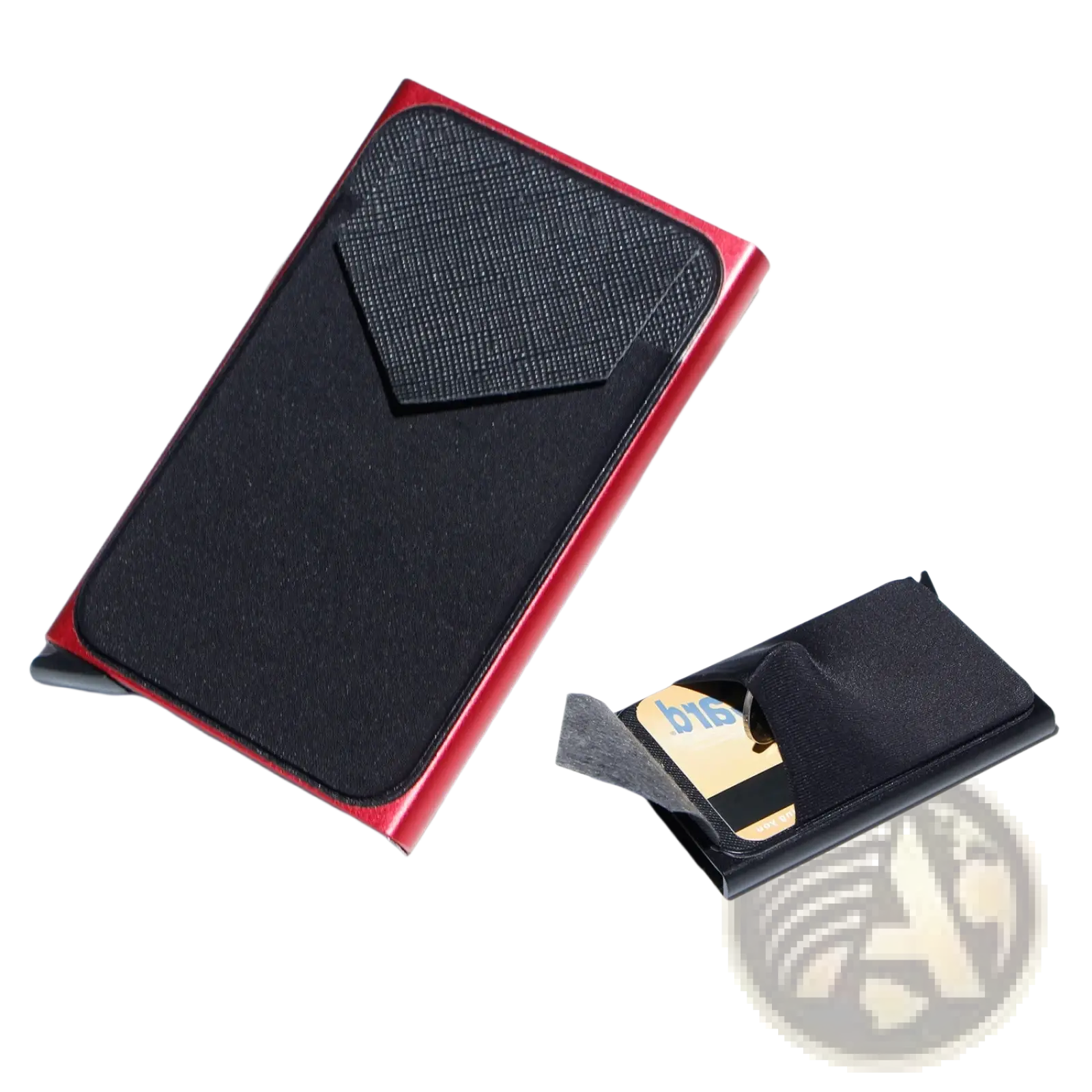 Minimalist RFID blocking aluminum multi card wallet in red and black with a textured fabric flap
