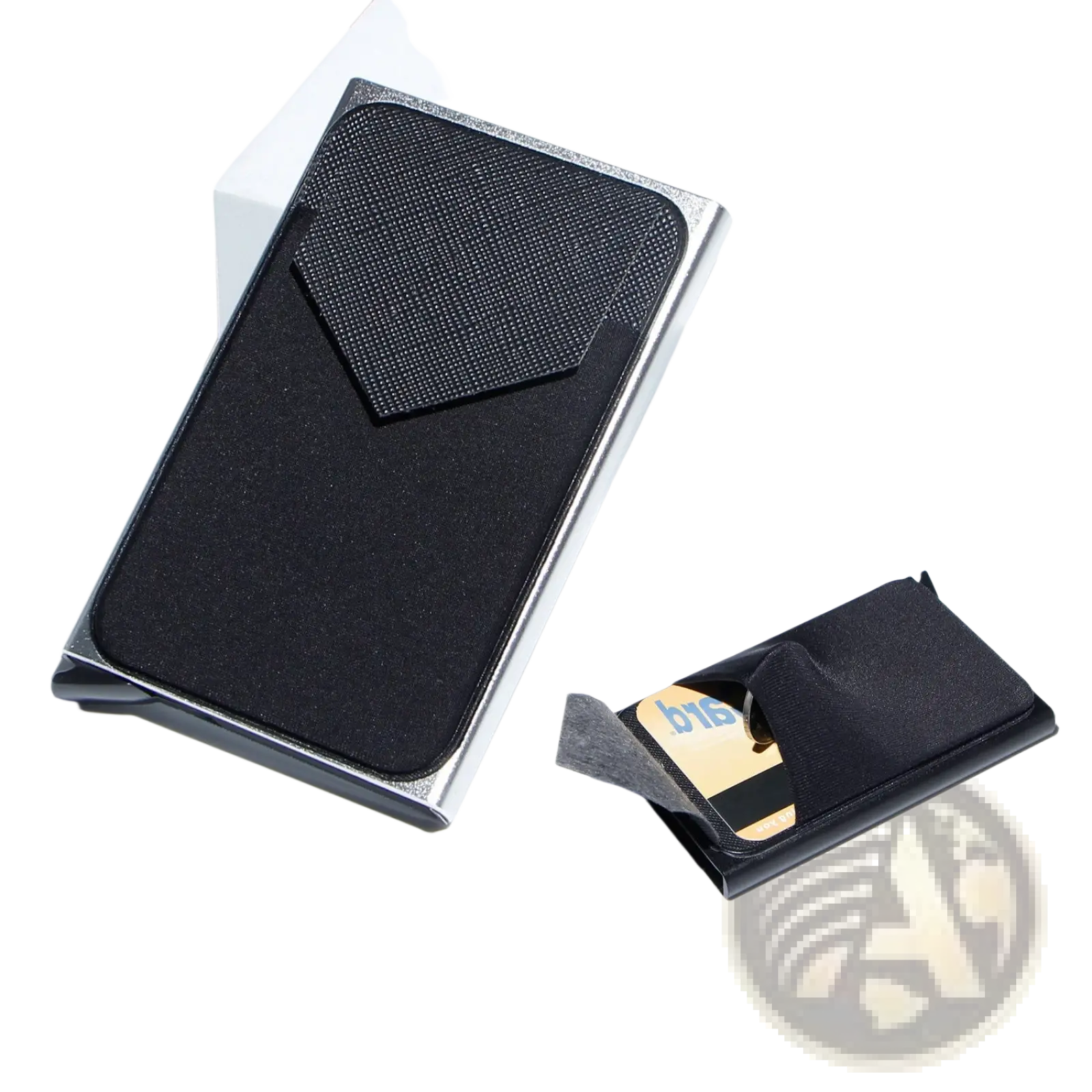 Silver-framed minimalist rfid blocking aluminum multi card wallet with black textured interior and modern design