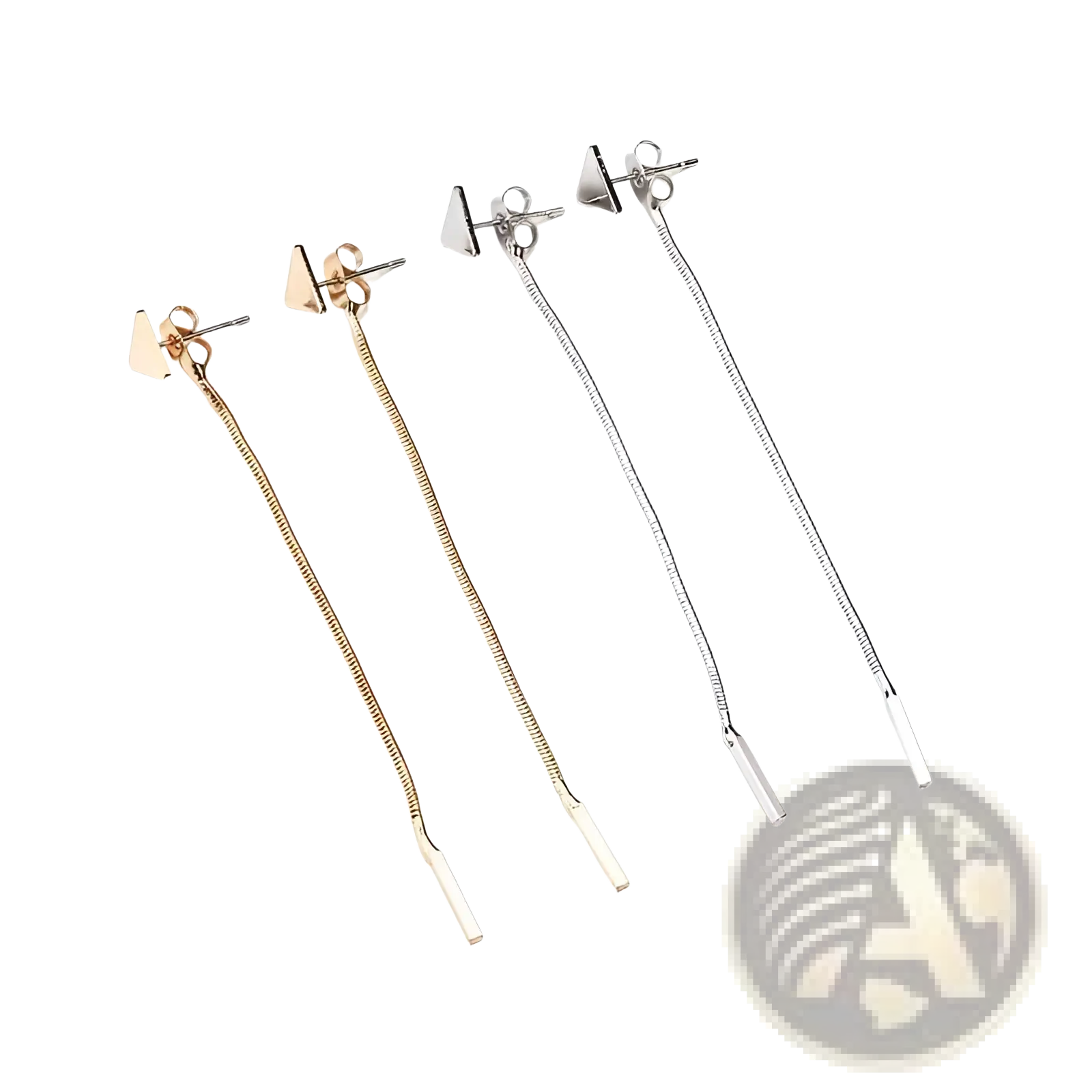 Minimalist silver and gold triangle tassel dangle earrings with sleek elongated triangle-tipped chain design
