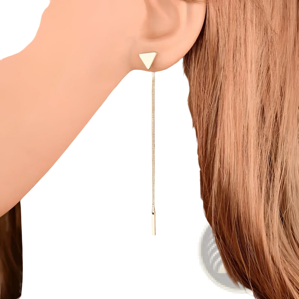 Minimalist silver and gold triangle tassel dangle earring with gold-toned triangular stud and delicate chain tassel