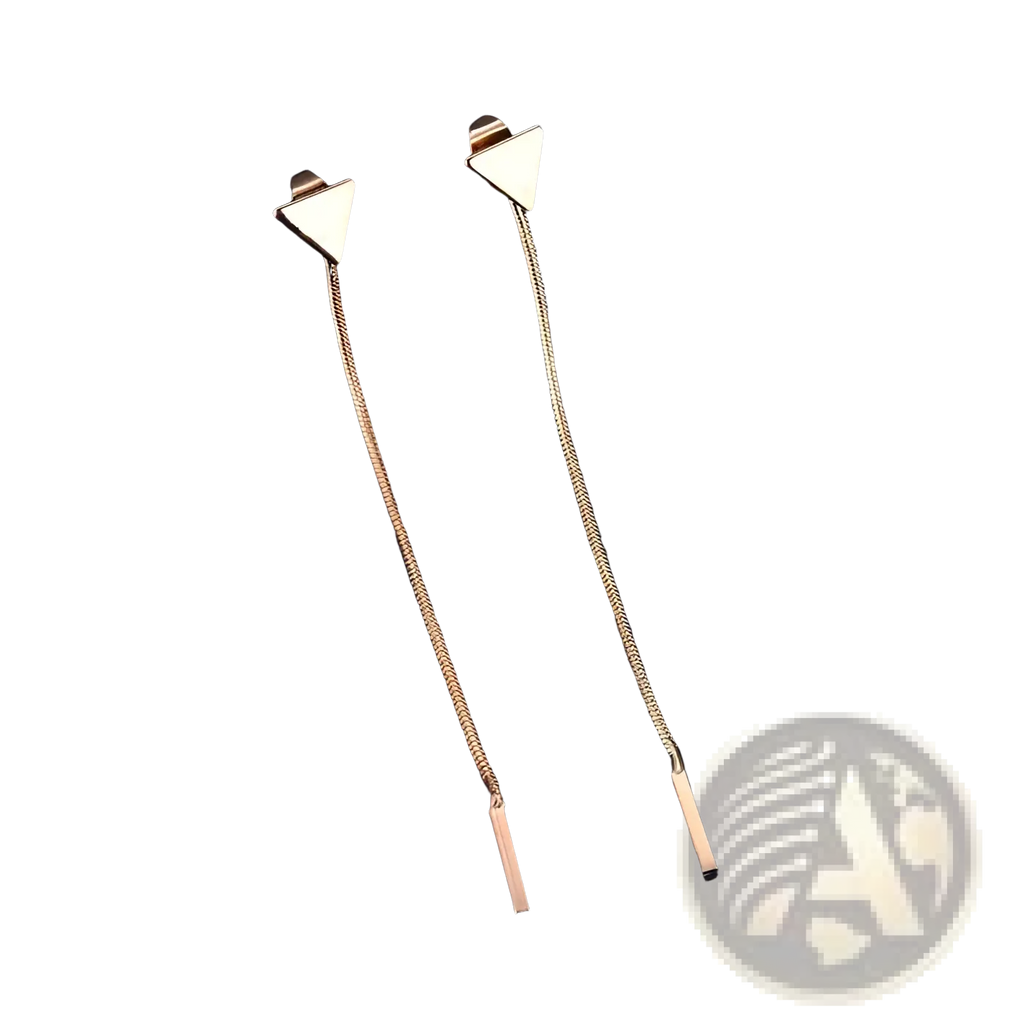 Minimalist gold-toned triangle tassel dangle earrings with delicate chain and rectangular bar detail in silver and gold