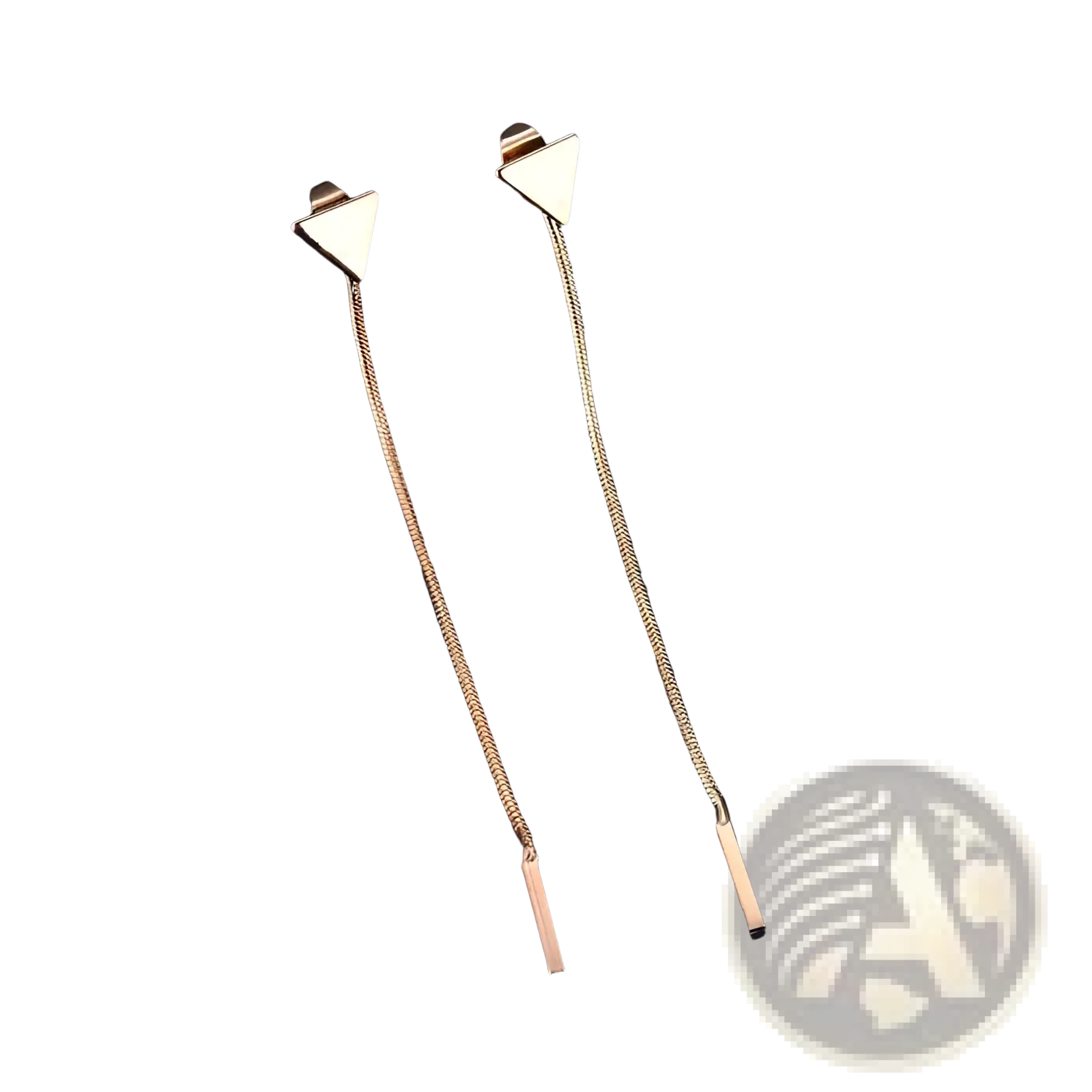 Minimalist gold-toned triangle tassel dangle earrings with delicate chain and rectangular bar detail in silver and gold