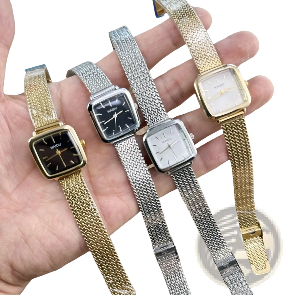 Four naiou minimalist square quartz watches for women with gold silver and black dials and mesh bands