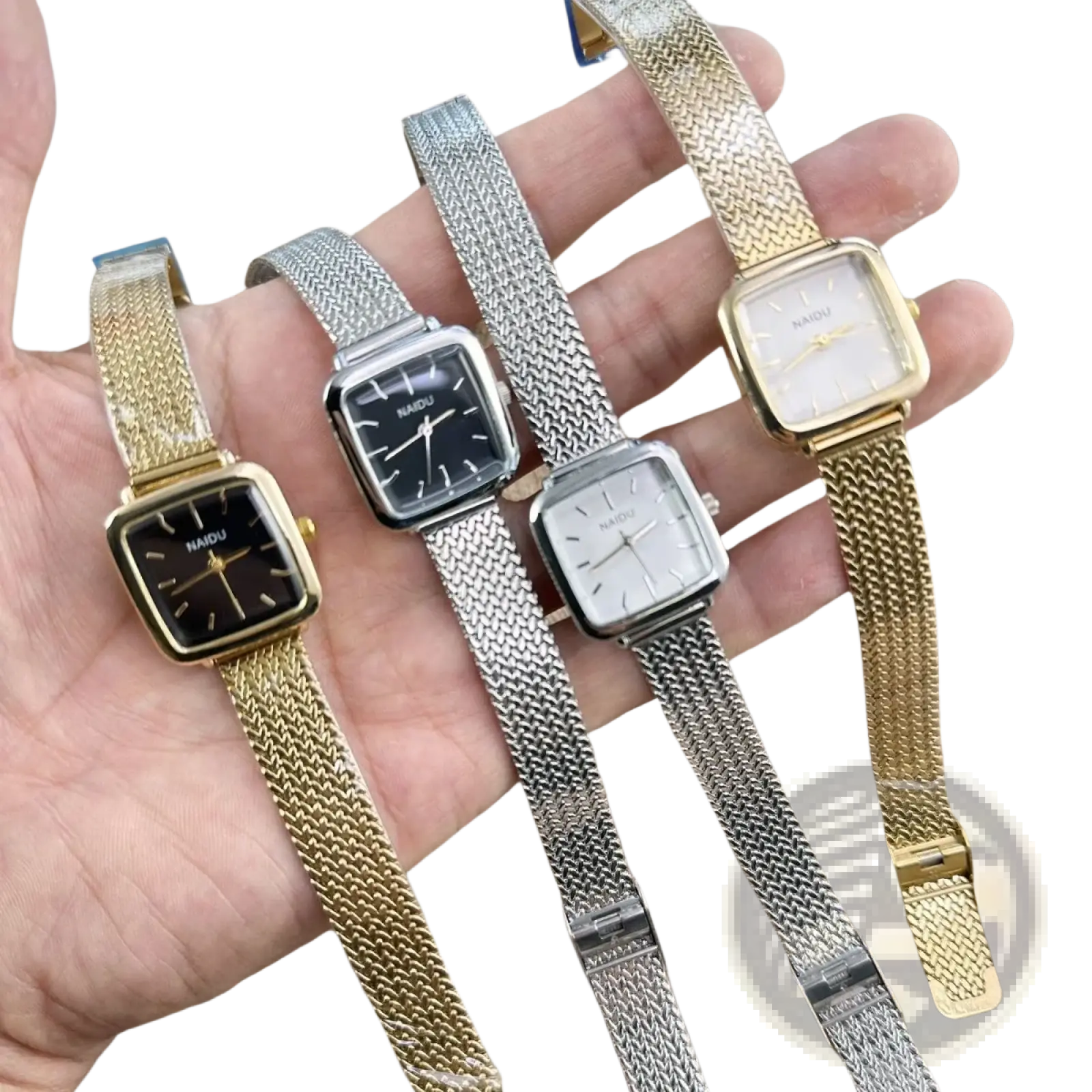 Four naiou minimalist square quartz watches for women with gold silver and black dials and mesh bands