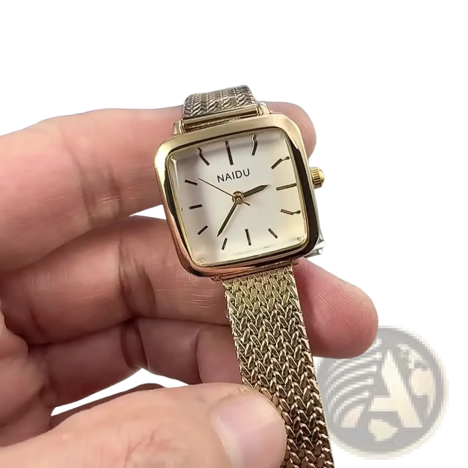 Minimalist square quartz watch for women with gold square face, black stick indices, and gold mesh strap
