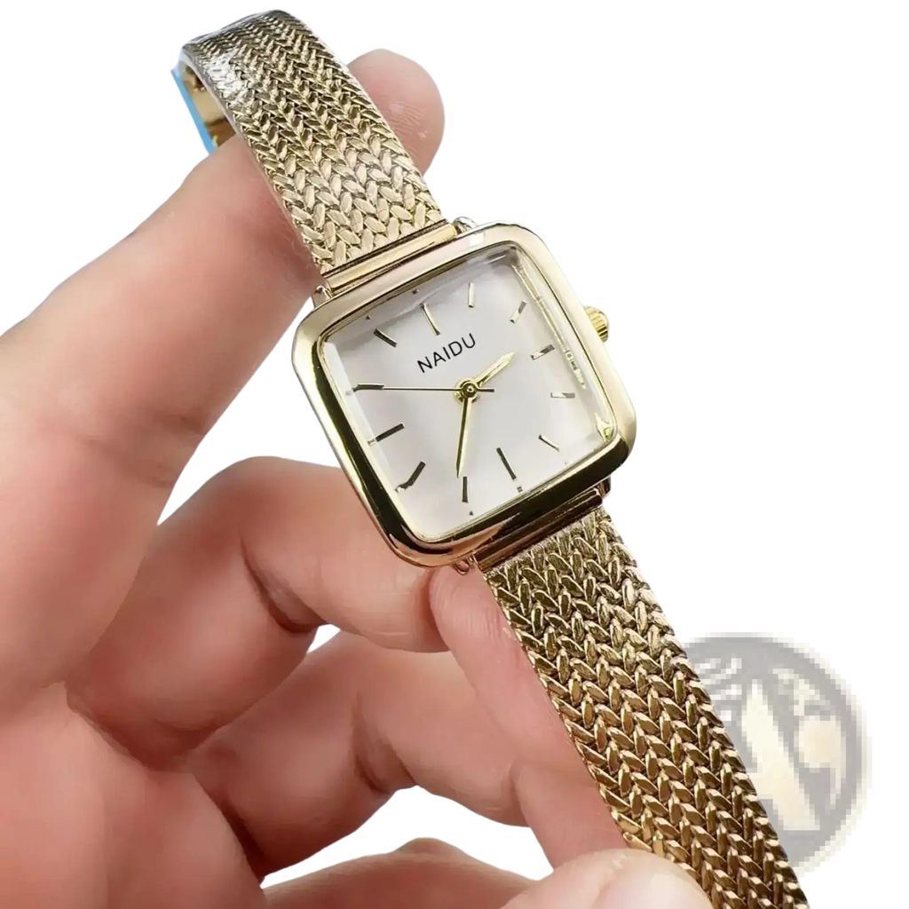 Minimalist square quartz watch for women with gold mesh bracelet and square face featuring black stick markers