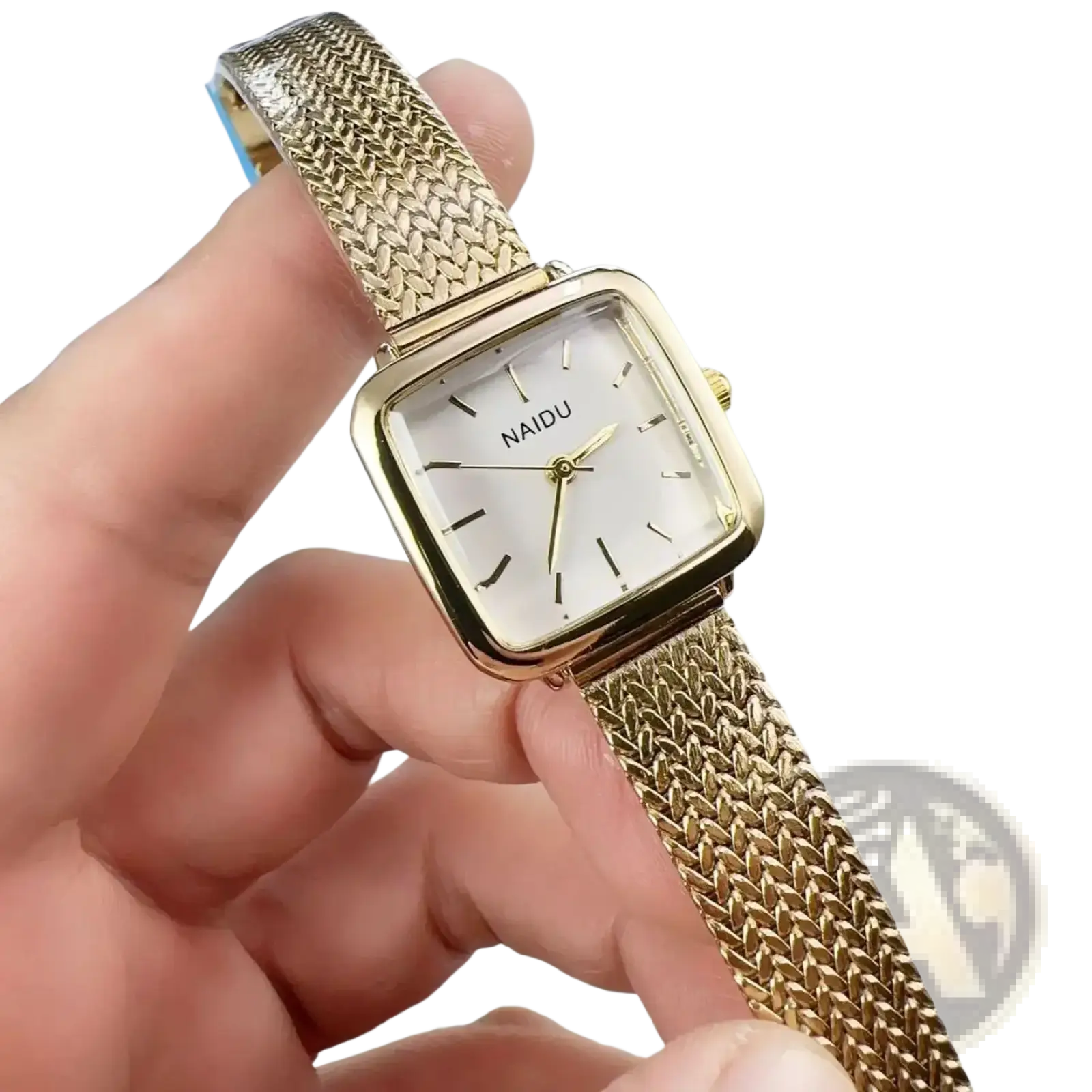 Minimalist square quartz watch for women with gold mesh bracelet and square face featuring black stick markers