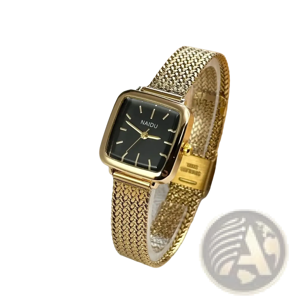 Minimalist square quartz watch for women with gold mesh bracelet and black dial featuring gold hands and naidu branding