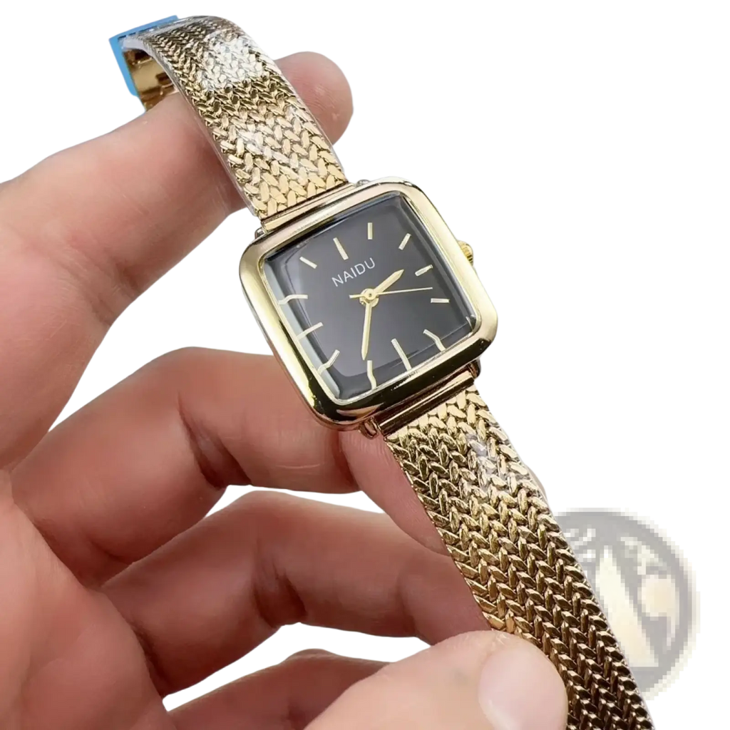Minimalist square quartz watch for women with gold-toned mesh bracelet and black face with gold hands