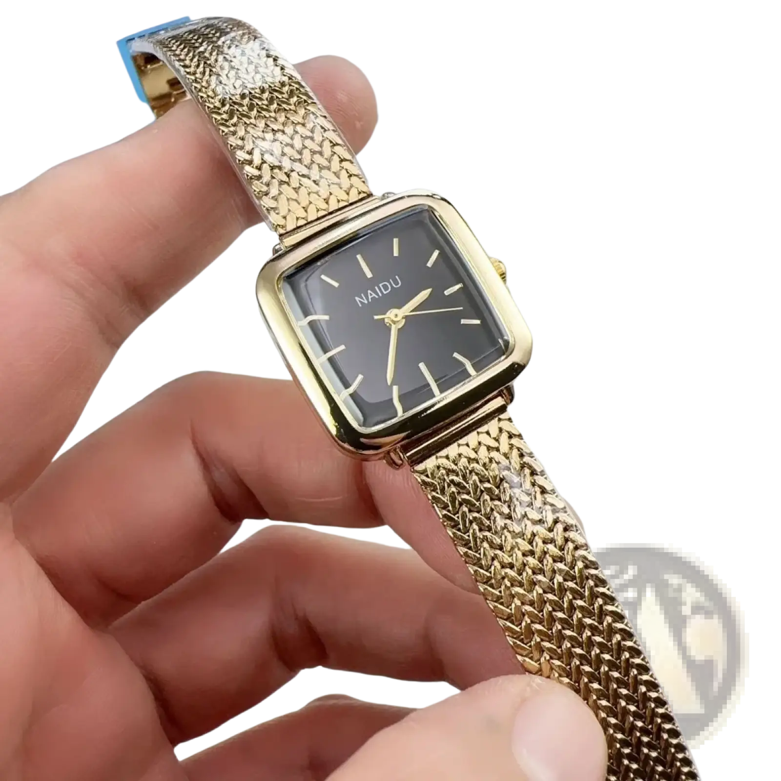 Minimalist square quartz watch for women with gold-toned mesh bracelet and black face with gold hands