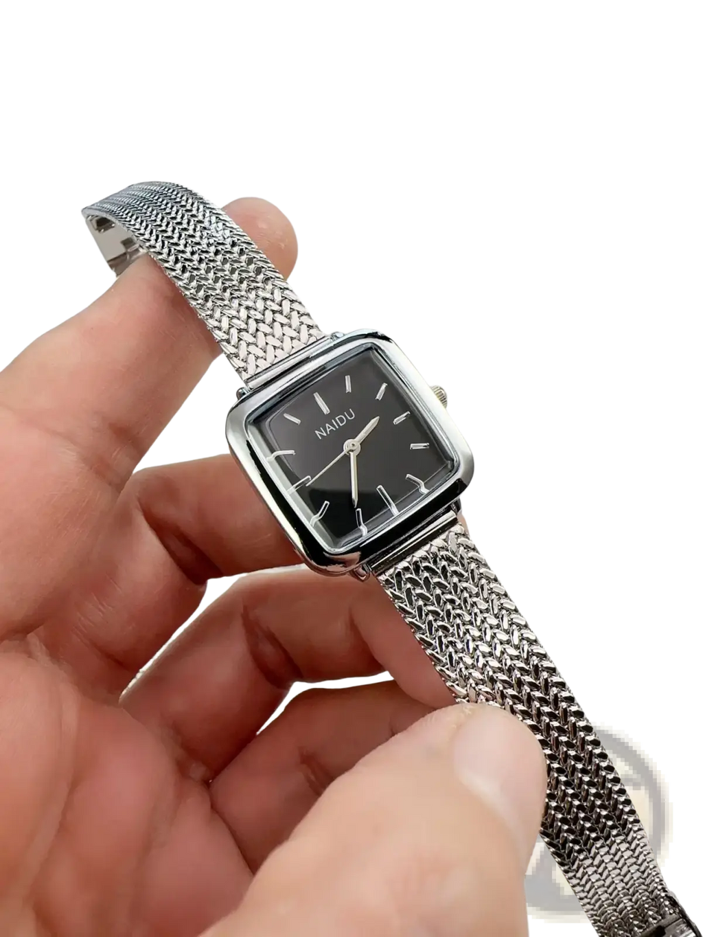 Minimalist square quartz watch for women with silver mesh bracelet and black face with white hour markers