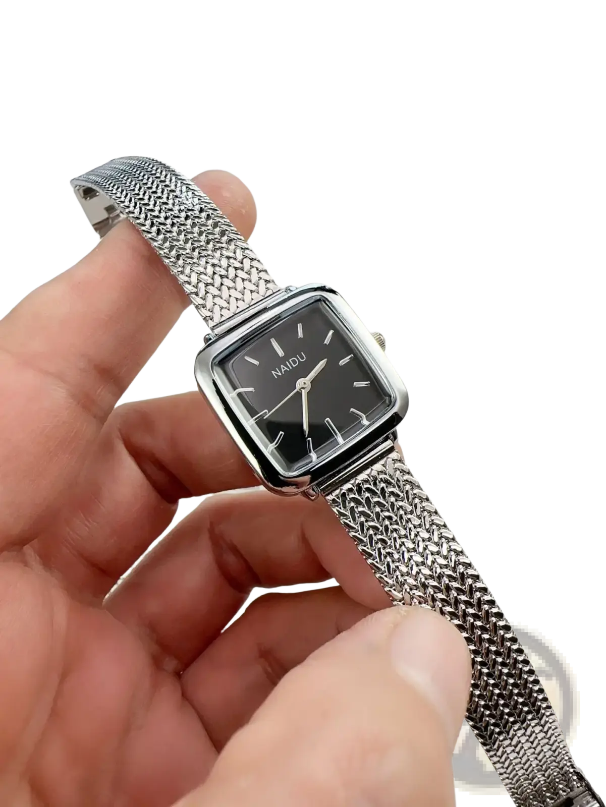 Minimalist square quartz watch for women with silver mesh bracelet and black face with white hour markers