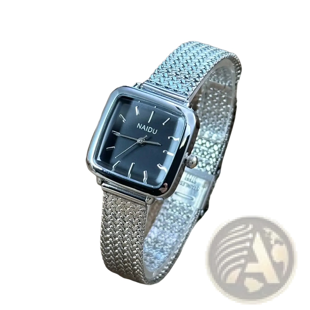 Minimalist square quartz watch for women with silver mesh bracelet and black dial featuring white hour markers