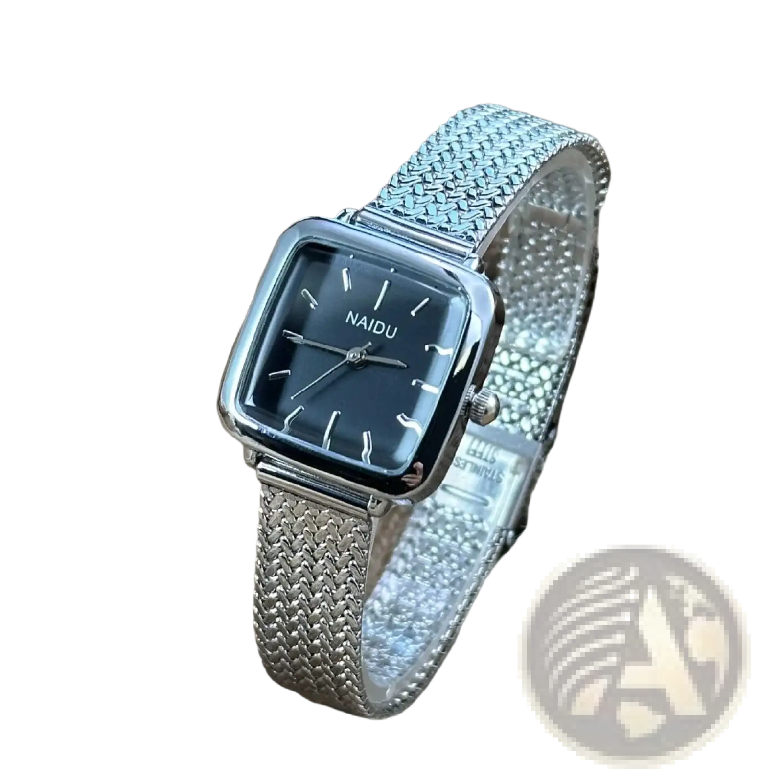 Minimalist square quartz watch for women with silver mesh bracelet and black dial featuring white hour markers