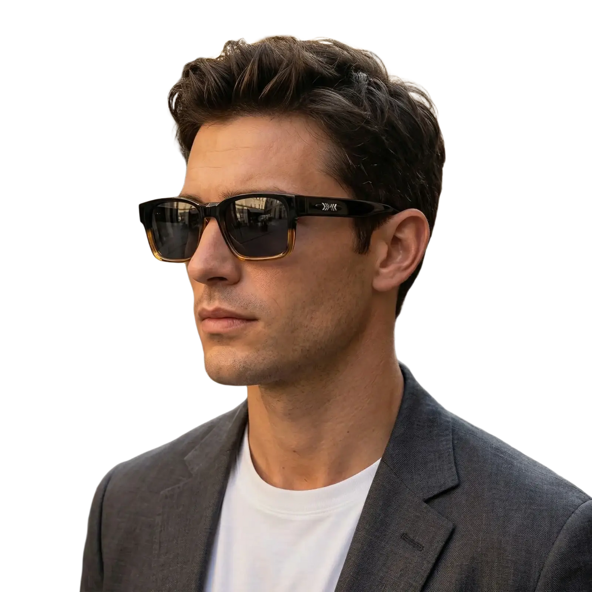 Minimalist square unisex sunglasses with black and gold rectangular frames and dark uv400 lenses