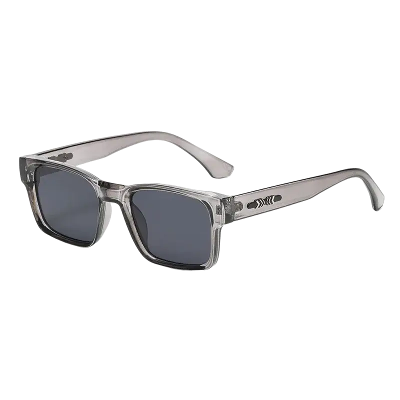 Minimalist square uv400 unisex sunglasses with gray translucent rectangular frames and dark gray lenses and logo on temple