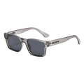 Minimalist square uv400 unisex sunglasses with gray translucent rectangular frames and dark gray lenses and logo on temple